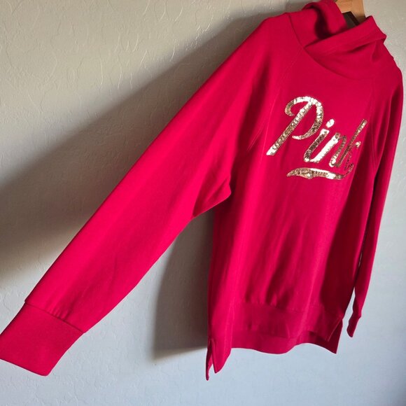 PINK Victoria's Secret Gold Sequins Bling Oversized Hoodie Pullover Red Sz S NEW - Picture 6 of 9